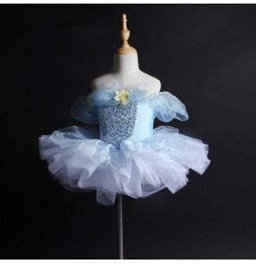 Light blue white paiillette sequins patchwork leotards tutu skirt competition performance ballet dance dresses outfits